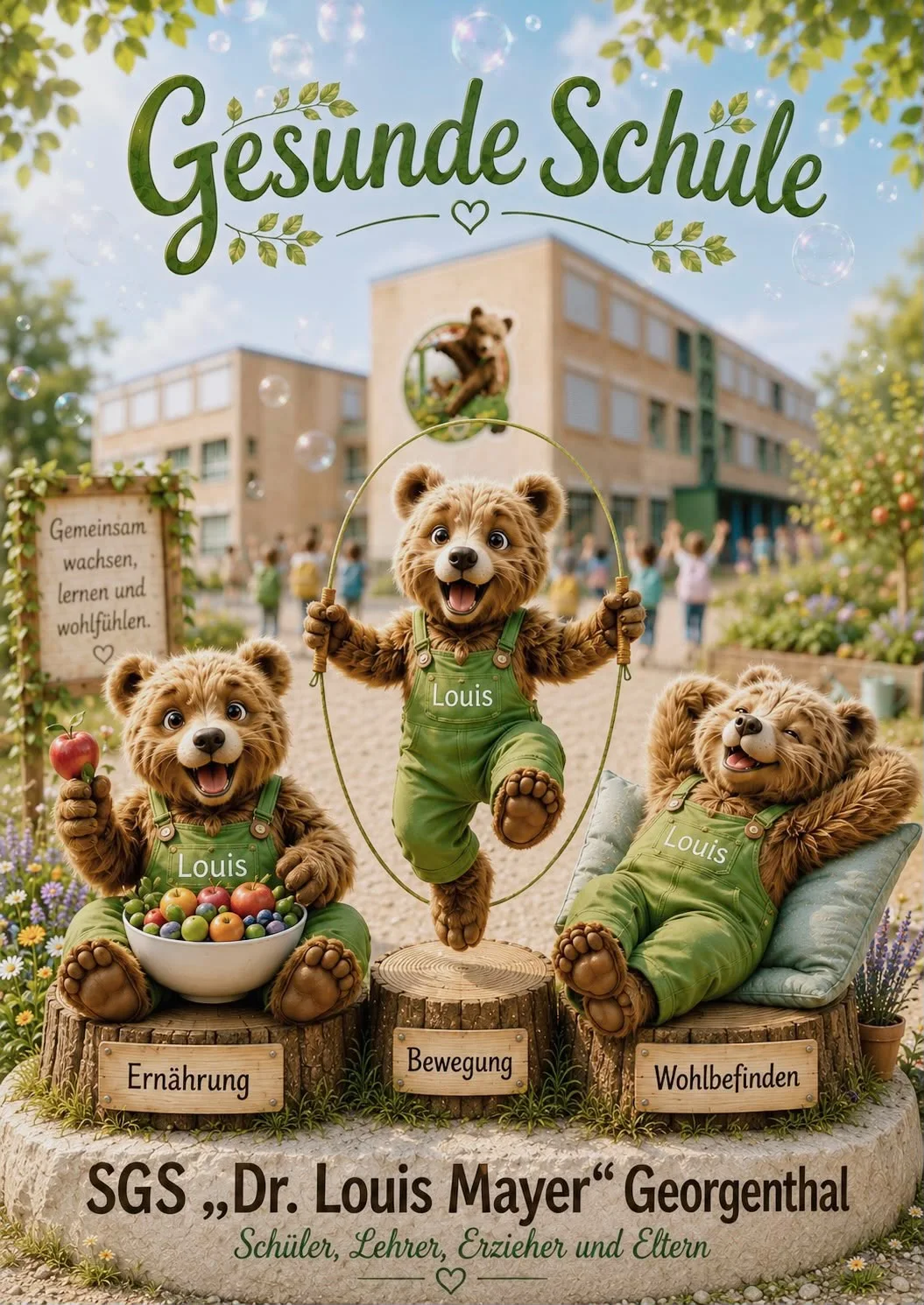 Plakat „Gesunde Schule“: Louis mit Obstschale, Springseil und Kissen vor dem Schulgebäude, Schilder Ernährung, Bewegung, Wohlbefinden