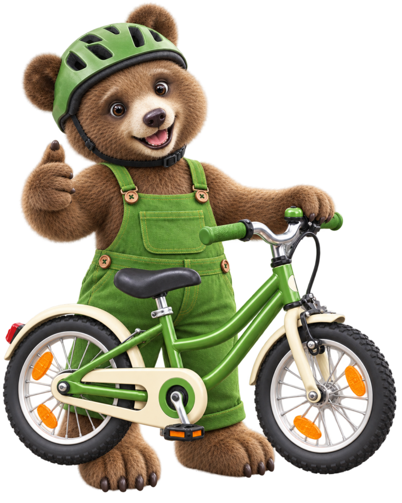 Louis, unser Schulbär, mit Fahrradhelm neben seinem grünen Fahrrad