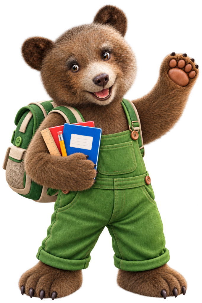 Louis, unser Schulbär, mit Schulranzen und Heften unterm Arm