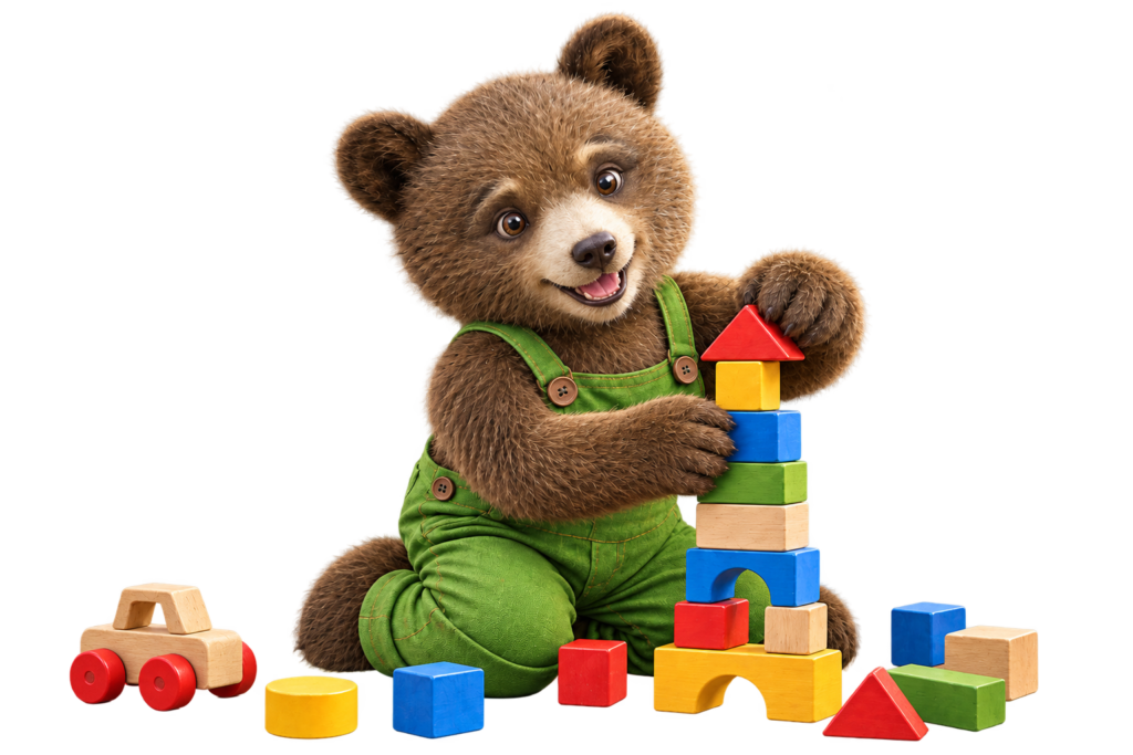 Louis, unser Schulbär, baut mit bunten Holzklötzen einen Turm