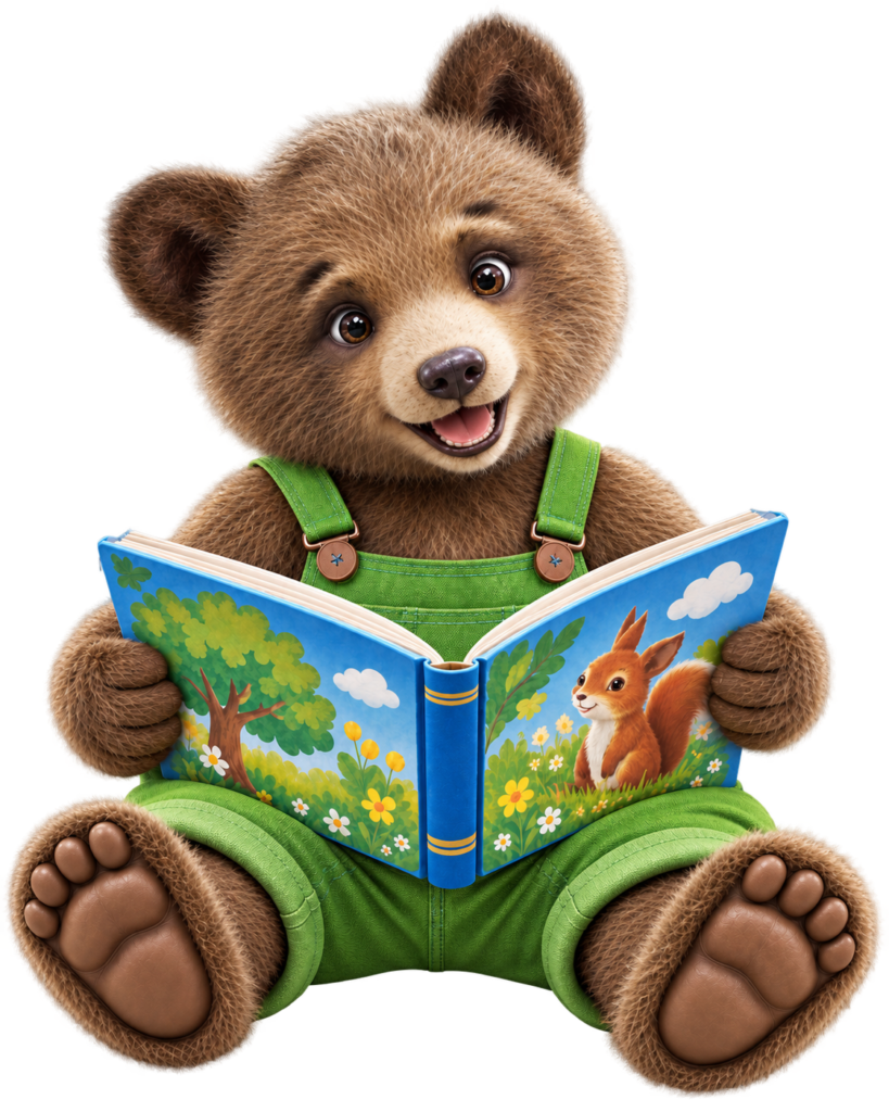 Louis, unser Schulbär, liest ein Bilderbuch