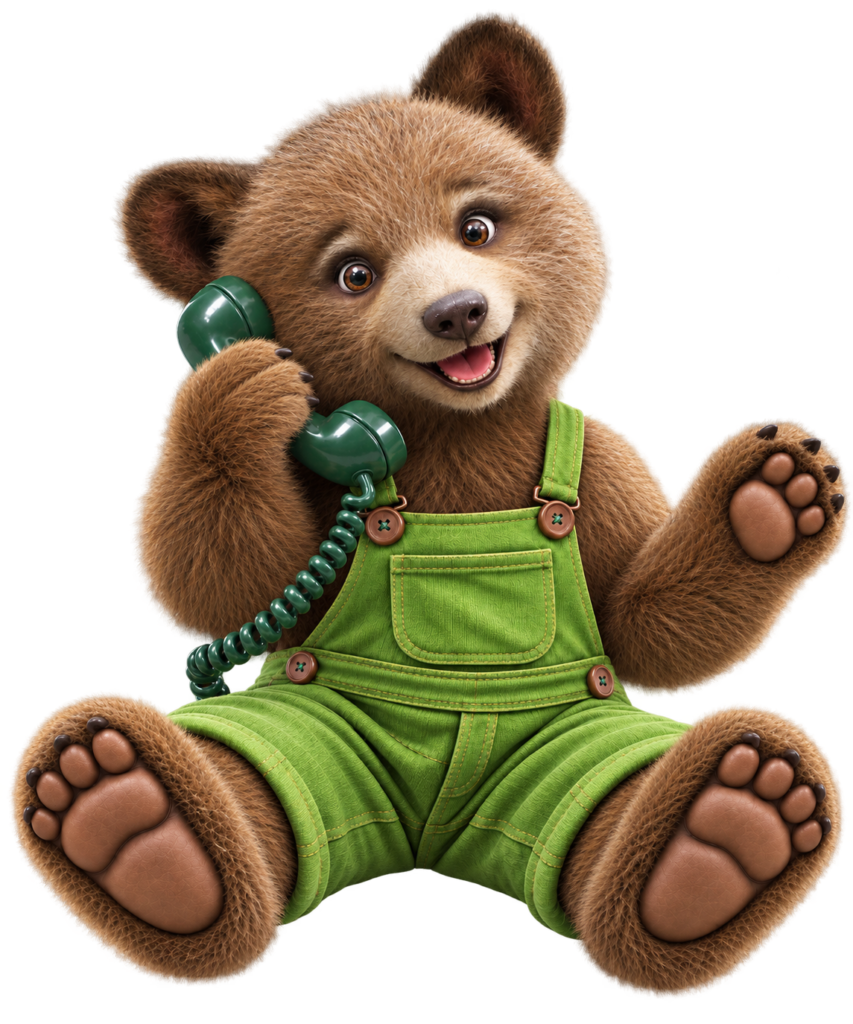Louis, unser Schulbär, sitzt mit einem Telefonhörer am Ohr und winkt